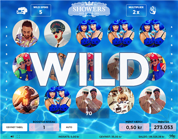 Når Wild featuren er aktiv, ganges alle gevinster med en multiplier Showers